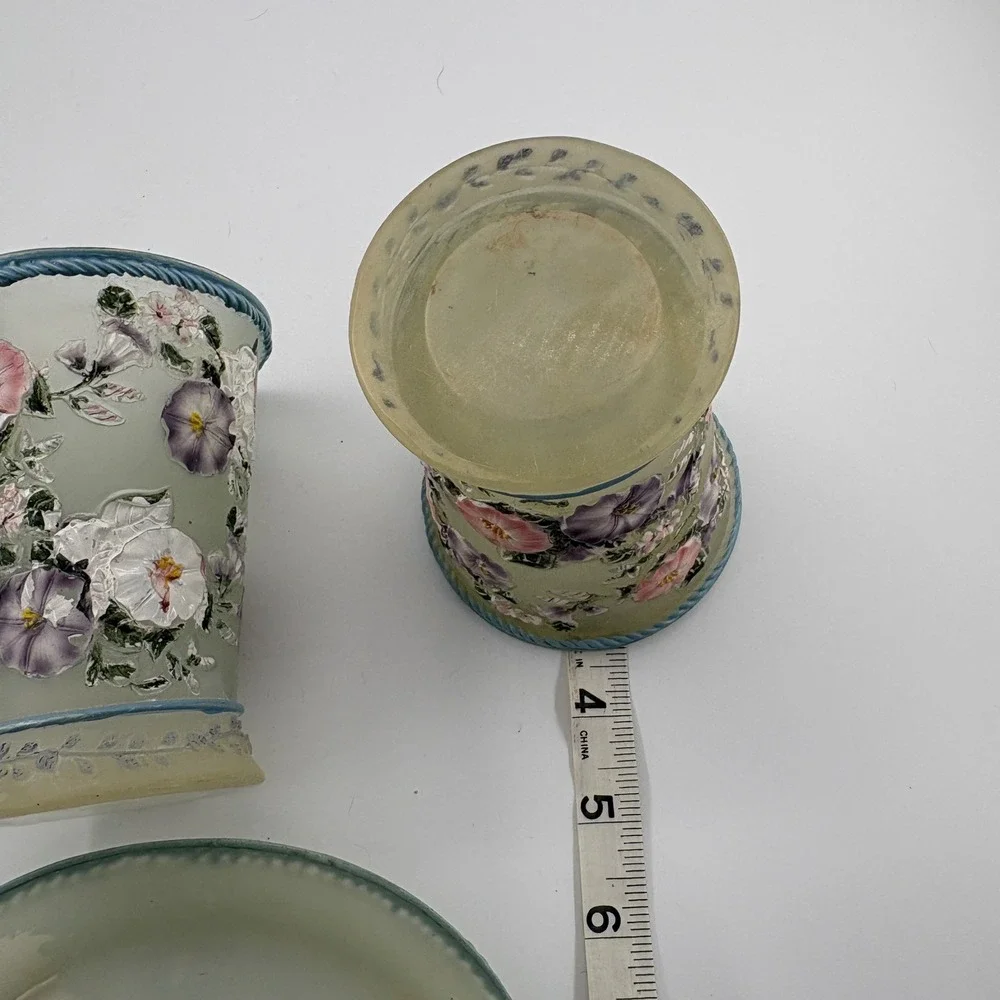 Vtg 80s Ceramic Floral Bathroom Vanity Set Toothbrush Holder Soap Dish Blue 3pc